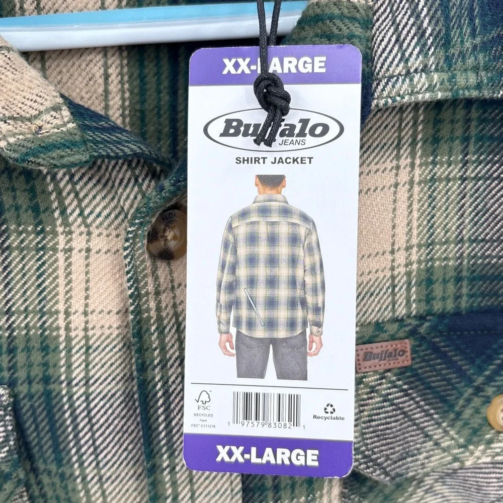 Buffalo David Bitton Mens XXL Green Plaid Cotton Flannel Shirt Jacket Shacket